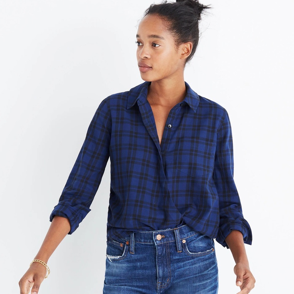 Madewell Wrap-Front shirt in Arion plaid, low-high hem line